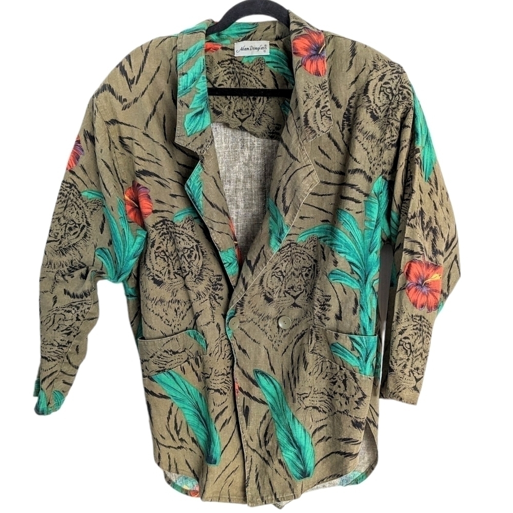 Adam Douglas green tigre tropical print khaki blazer Large XL A1